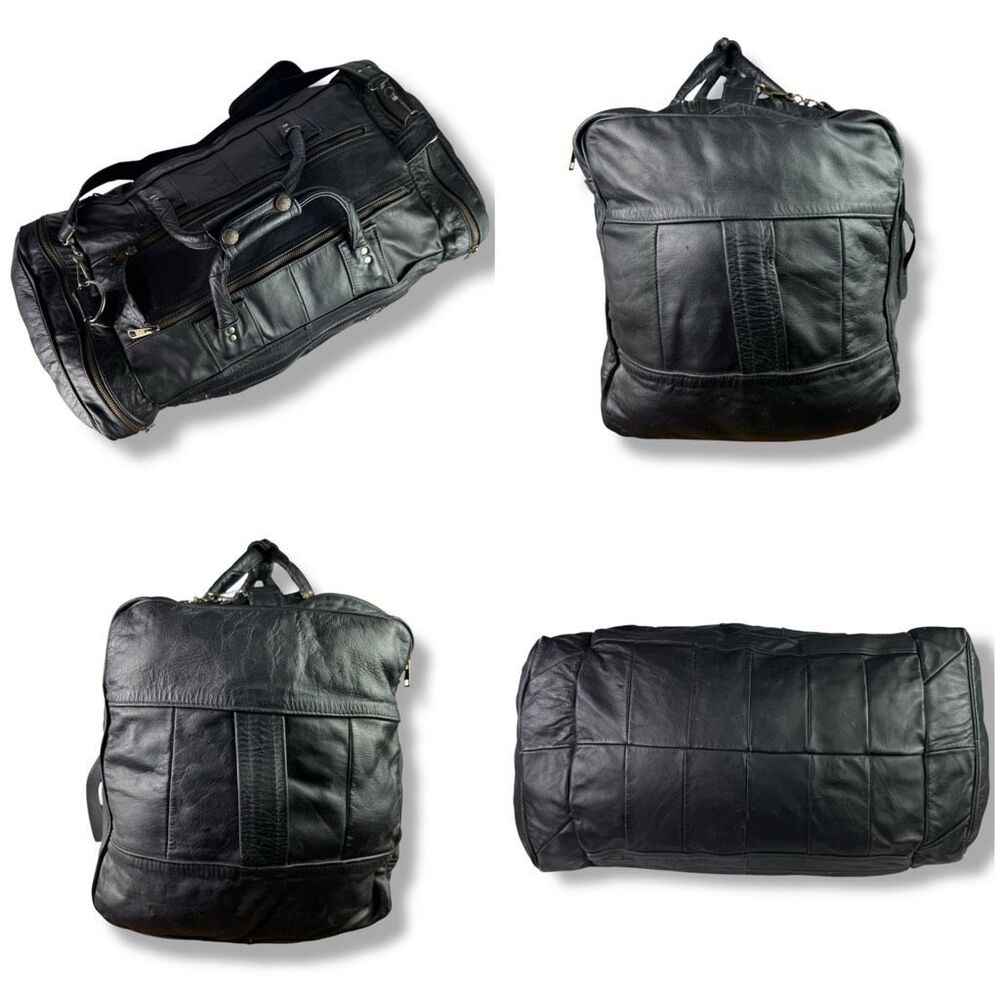 Vintage 80s 90s Y2K Duffel Travel Overnight Bag Weekender Black Leather Denim - Picture 5 of 11